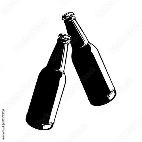 Two black silhouette glass bottles clinking together without background.