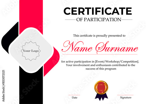 Modern participation certificate with bold red black and white style