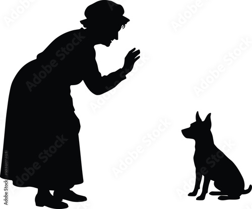 Black silhouette of a cheerful older woman interacting with a small sitting dog, vintage flat vector drawing of pet training or companionship on white background