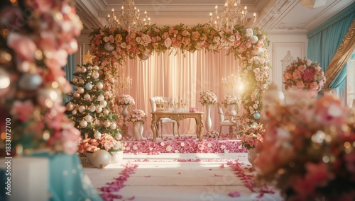 Elegant Wedding Ceremony Setup With Floral Decorations in a Luxurious Venue