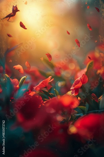 Red Poppies Bloom Under Soft Sunlight in a Vibrant Garden