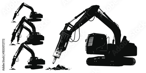 Hydraulic Breaker Excavator Silhouettes and Detail
