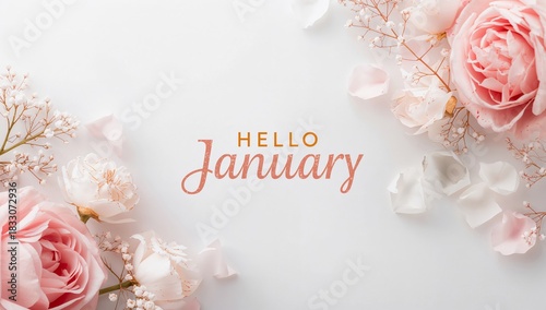 Greetings for January With Pink Roses and Delicate Petals on a Soft Background