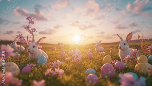 Easter Bunnies Gather Around Colorful Eggs in a Sunny Field at Dawn