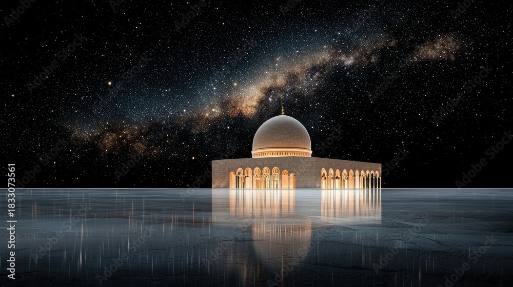 Obraz premium A mosque is reflected in water under a starry night sky, creating a serene and spiritual atmosphere.