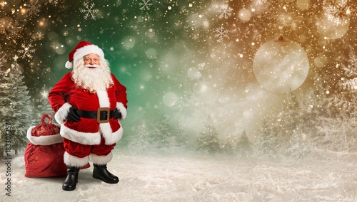 Cheerful Santa Claus Smiling Amid Christmas Decorations and Snowfall
