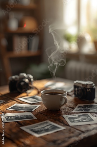 Warm Coffee Cup Surrounded by Vintage Photographs in Cozy Indoor Setting