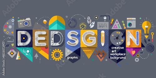 Creative design concept with colorful shapes and objects on grey background