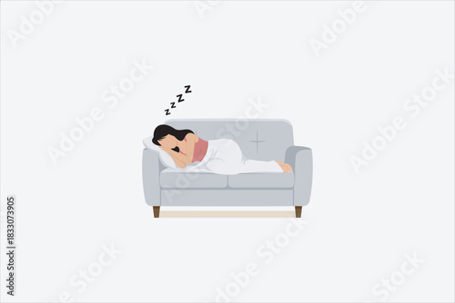 Vector Illustration of a woman sleeping on a sofa, covered with a blanket, showing a calm and restful moment.