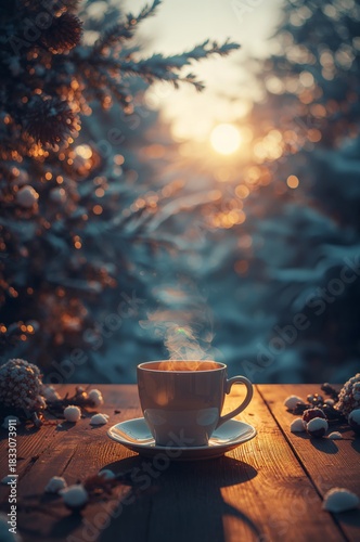 Warm Cup of Coffee on a Wooden Table Amidst Winter Scenery at Sunset