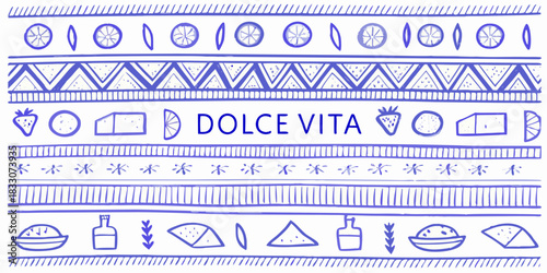 Dolce vita hand drawn pattern with food and geometric elements