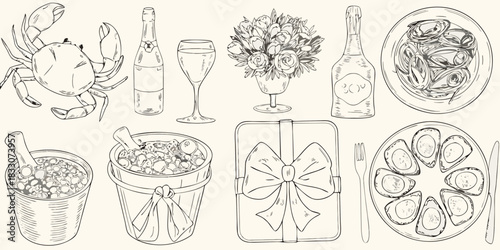 Celebration sketch seafood champagne flowers and a gift