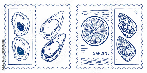 Hand drawn sardine lemon and oyster stamp set for seafood product