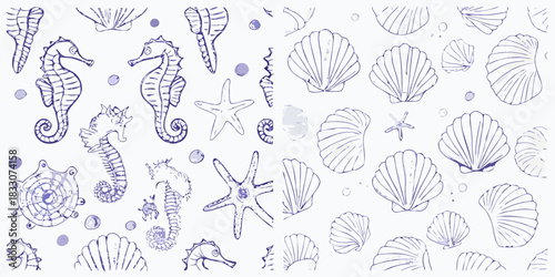 Hand drawn ocean life pattern with seahorses starfish and seashells