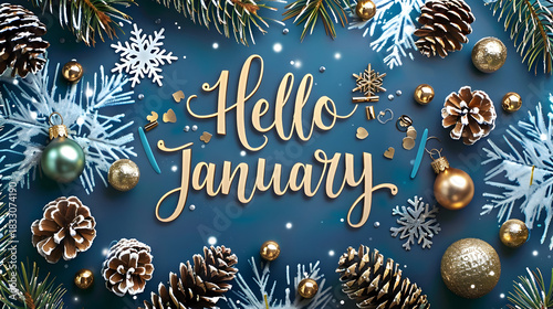 Festive hello january typography with frosty pine branches and winter decorations