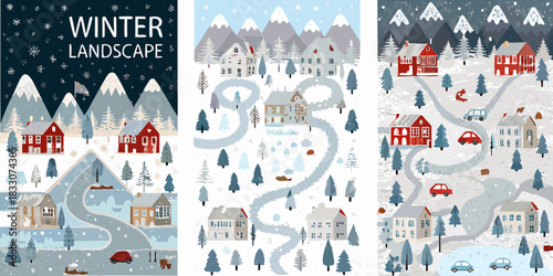 Hand drawn winter village landscape illustration with houses trees and mountains