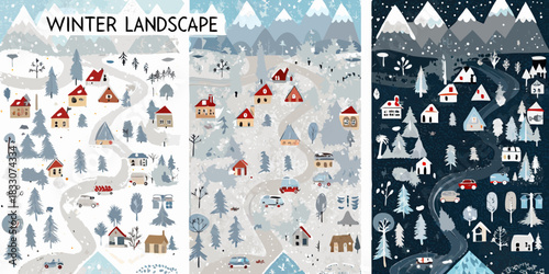 Stylized winter landscape illustration with houses trees and mountains in three color schemes