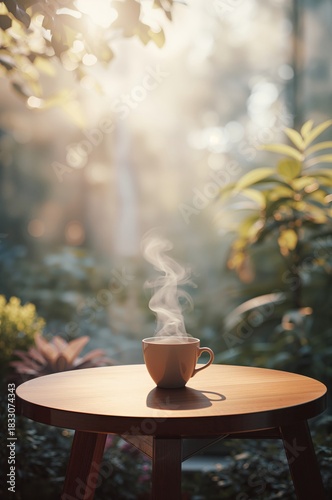 Morning Coffee Steaming on a Wooden Table Surrounded by Nature