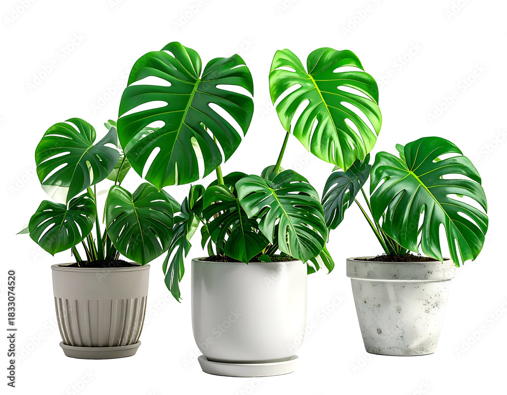 Fototapeta premium Three beautiful potted green plants with glossy split tropical leaves