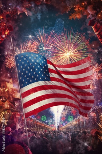 Celebration of Independence Day With Fireworks and American Flag at Night