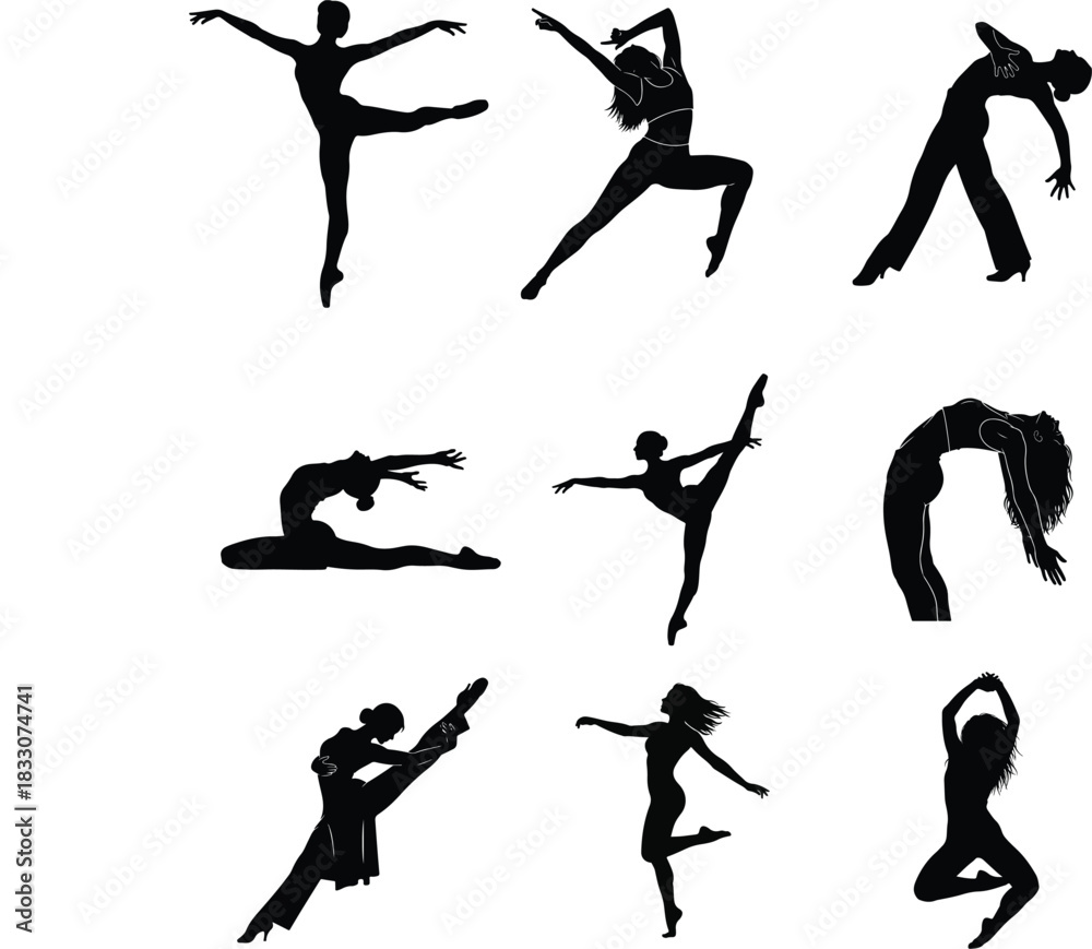 Obraz premium Silhouette collection of nine graceful dancers in various poses, isolated on, showcasing flexibility, artistry, and movement in a minimalist and elegant design