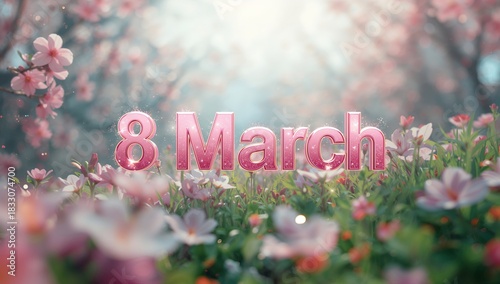 March 8 Celebration With Vibrant Flowers and Spring Scenery