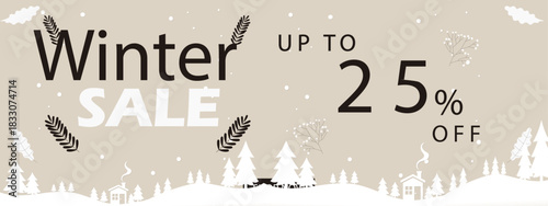 Winter Sale Banner with Up to 25% Off, Snowy Landscape and Minimal Winter Leaves Design | Seasonal Promotion Background