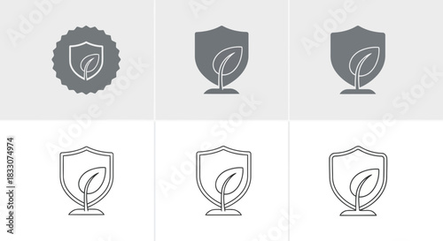 Set of six eco friendly shield and leaf icons representing environmental protection and sustainability concepts