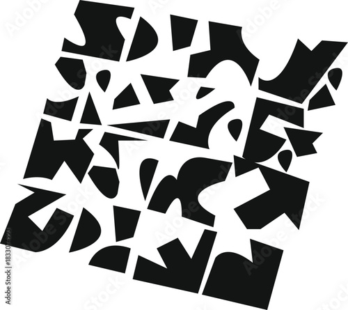 Abstract black and white geometric pattern featuring a dynamic arrangement of shapes, creating a modern and eyecatching design isolated on