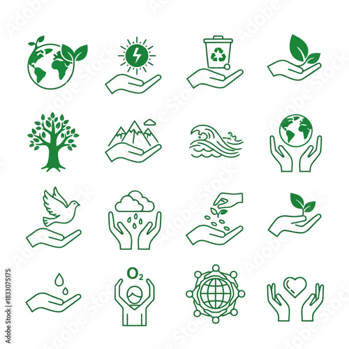 Collection of green line art icons representing environmental protection sustainability and nature care concepts