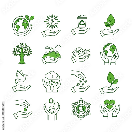 Collection of green line art icons representing environmental protection sustainability and nature conservation concepts