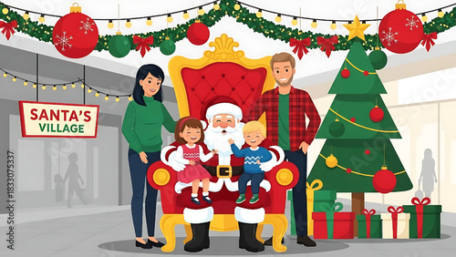 Family Visiting Santa Claus at Santa's Village Christmas Illustration