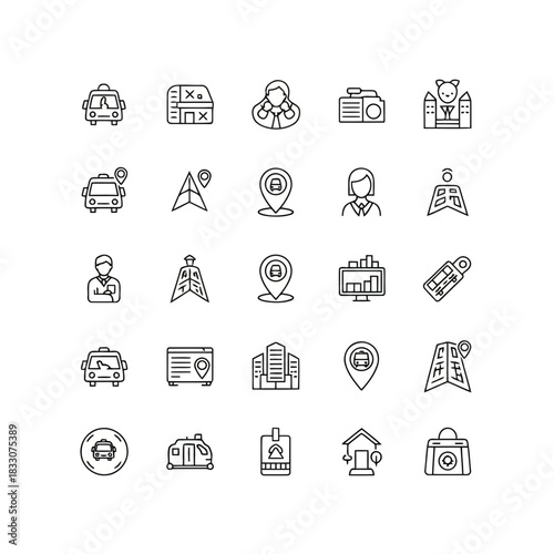 Collection of modern line art icons representing travel transportation navigation and urban city elements for digital applications