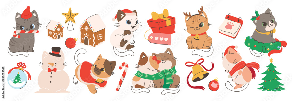 Fototapeta premium Cute Christmas cat element vector illustration with winter accessories, gifts, holiday decorations, gingerbread houses, ornaments, bells and festive characters. Suitable for stickers, cards and season