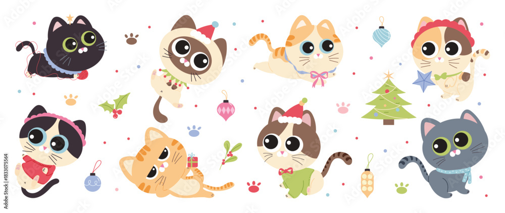 Fototapeta premium Cute Christmas and Happy New Year cat element vector illustration with festive outfits, ornaments, holly leaves, gifts, Christmas trees, stars, paw prints and playful holiday decorations. Suitable for
