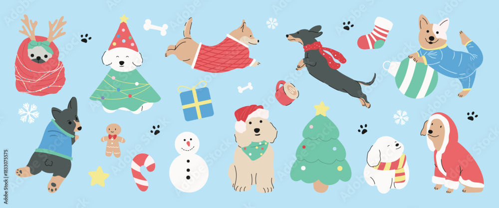 Naklejka premium IceGroovyWinter01Cute Christmas and Happy New Year winter dog element vector illustration with festive outfits, snowflakes, gifts, candy canes, snowmen, trees and playful holiday decorations on blue p
