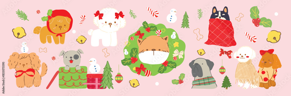 Fototapeta premium Cute Christmas and Happy New Year dog element vector illustration with winter outfits, wreaths, gifts, holly leaves, candy canes, snowmen and festive decorations on pastel background. Suitable for sti