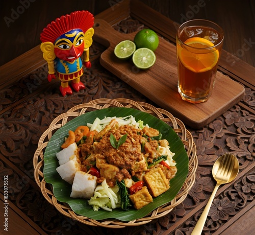Betawi Gado-Gado: Indonesian Salad with Rich Peanut Sauce on Traditional Banana Leaf
