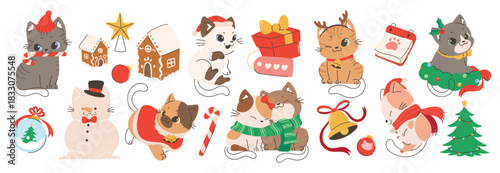 Cute Christmas cat element vector illustration with winter accessories, gifts, holiday decorations, gingerbread houses, ornaments, bells and festive characters. Suitable for stickers, cards and season
