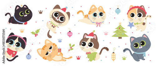 Cute Christmas and Happy New Year cat element vector illustration with festive outfits, ornaments, holly leaves, gifts, Christmas trees, stars, paw prints and playful holiday decorations. Suitable for