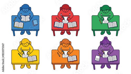 Colorful Cartoon Students Studying at Desks