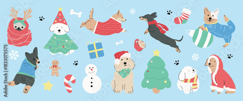 IceGroovyWinter01Cute Christmas and Happy New Year winter dog element vector illustration with festive outfits, snowflakes, gifts, candy canes, snowmen, trees and playful holiday decorations on blue p