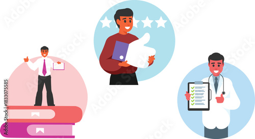 A collection of illustrations showcasing positive feedback, medical expertise, and career success, with a doctor holding a clipboard, a man giving a thumbs up, and a professional standing on books