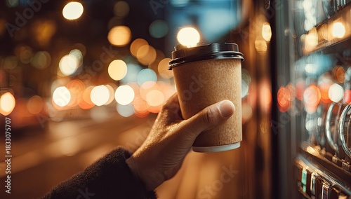 Hand holding a takeaway coffee cup in front of a vending machine at night with blurred bokeh lights