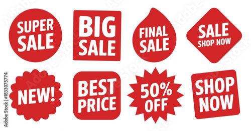 Red promotional sale labels showcasing super sale designs, final offer markers, new price icons, best price tags, and bold discount graphics suitable for e-commerce,