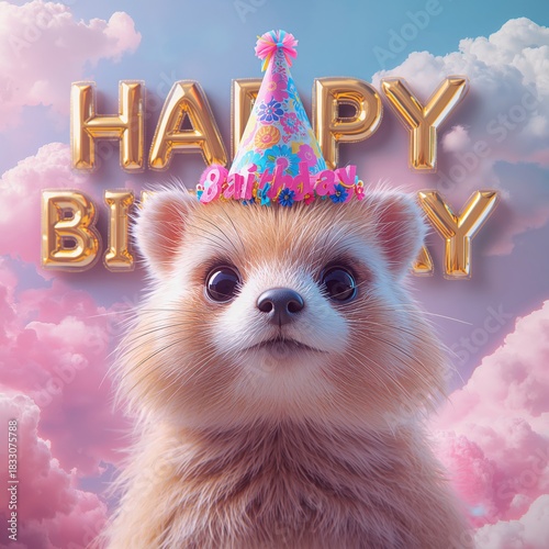 Cute Furry Animal in Birthday Hat With Colorful Background Celebrating Specia...