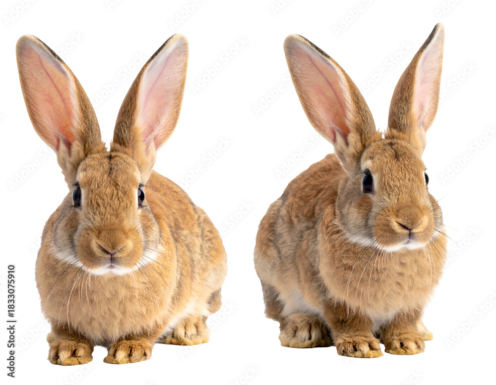 Fototapeta premium Two brown rabbits with long ears, looking ahead, black background