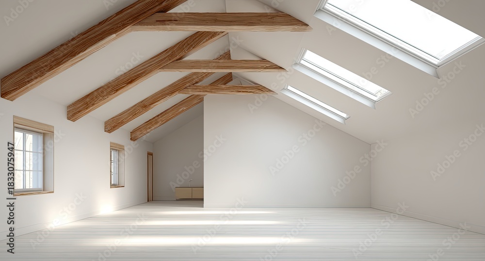 Fototapeta premium Modern attic interior with skylights, wooden beams, windows, and bright white walls and floor