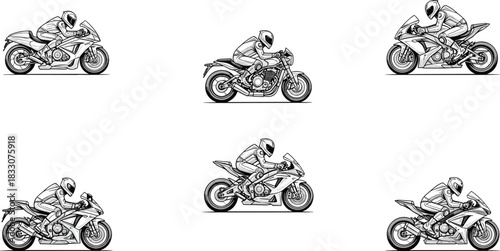 Motorcycle racer in full gear riding a sportbike in black and white line art style