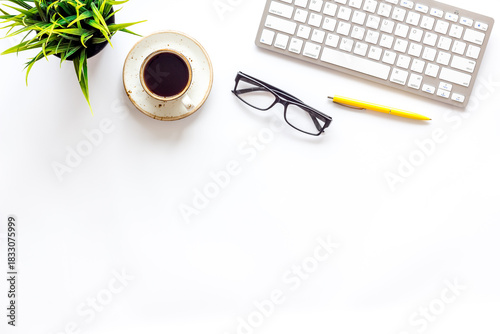 Wallpaper Mural Home office workspace with computer keyboard and cup of coffee on white background, top view. Education online. Tabletop of freelancer. Torontodigital.ca